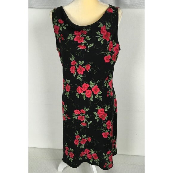 Betsy Lauren Womens Sleeveless Floral Dress Black With Red Flowers Size 14 Poly - Picture 1 of 12